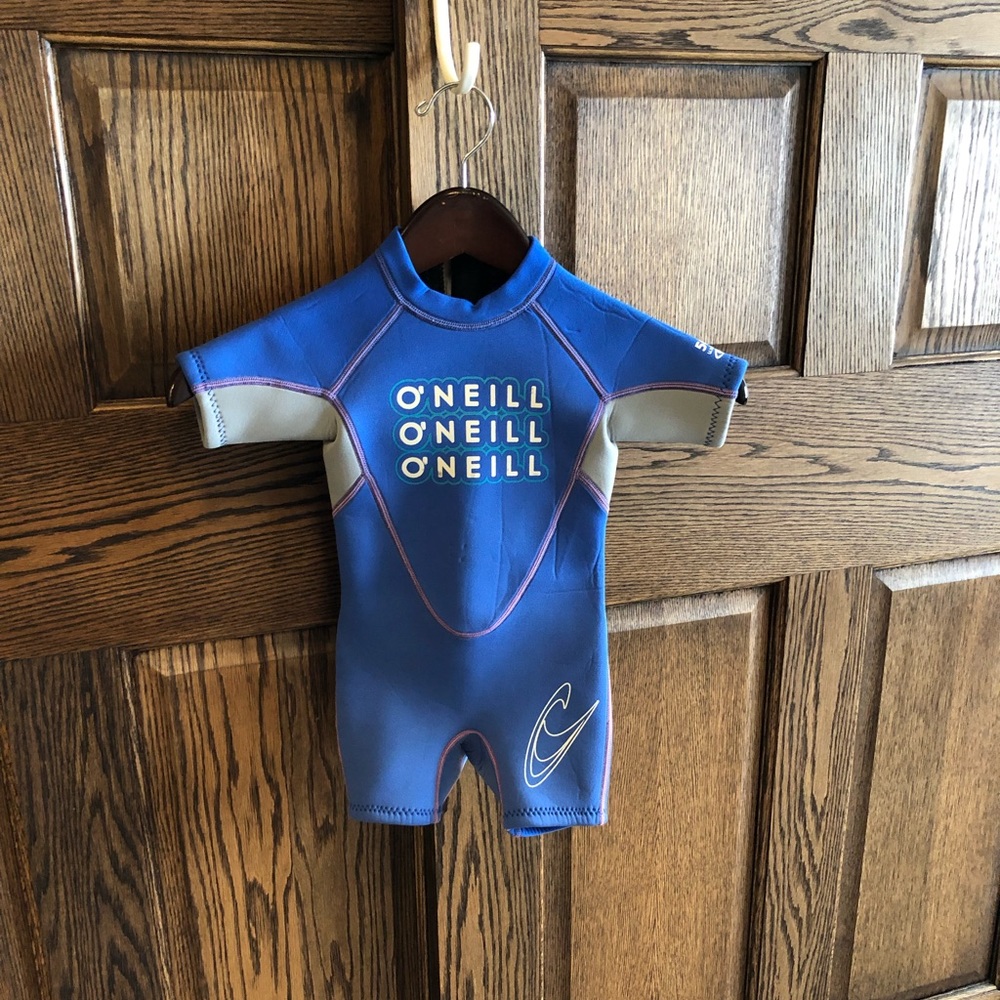 O’Neill toddler blue wet suit, neoprene shorty